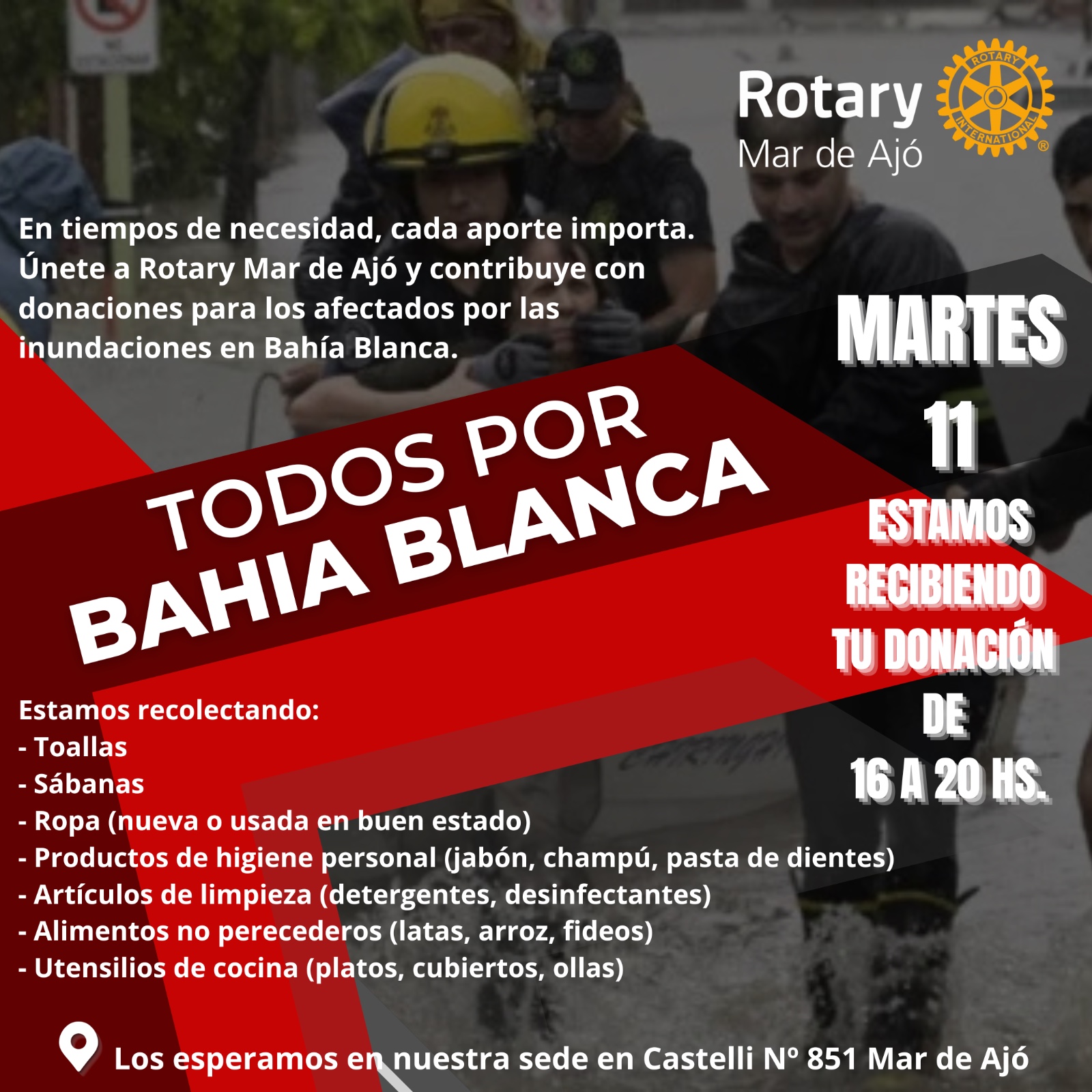 El Rotary Club de Mar de Ajó recibirá donaciones para los afectados por las inundaciones en Bahía Blanca