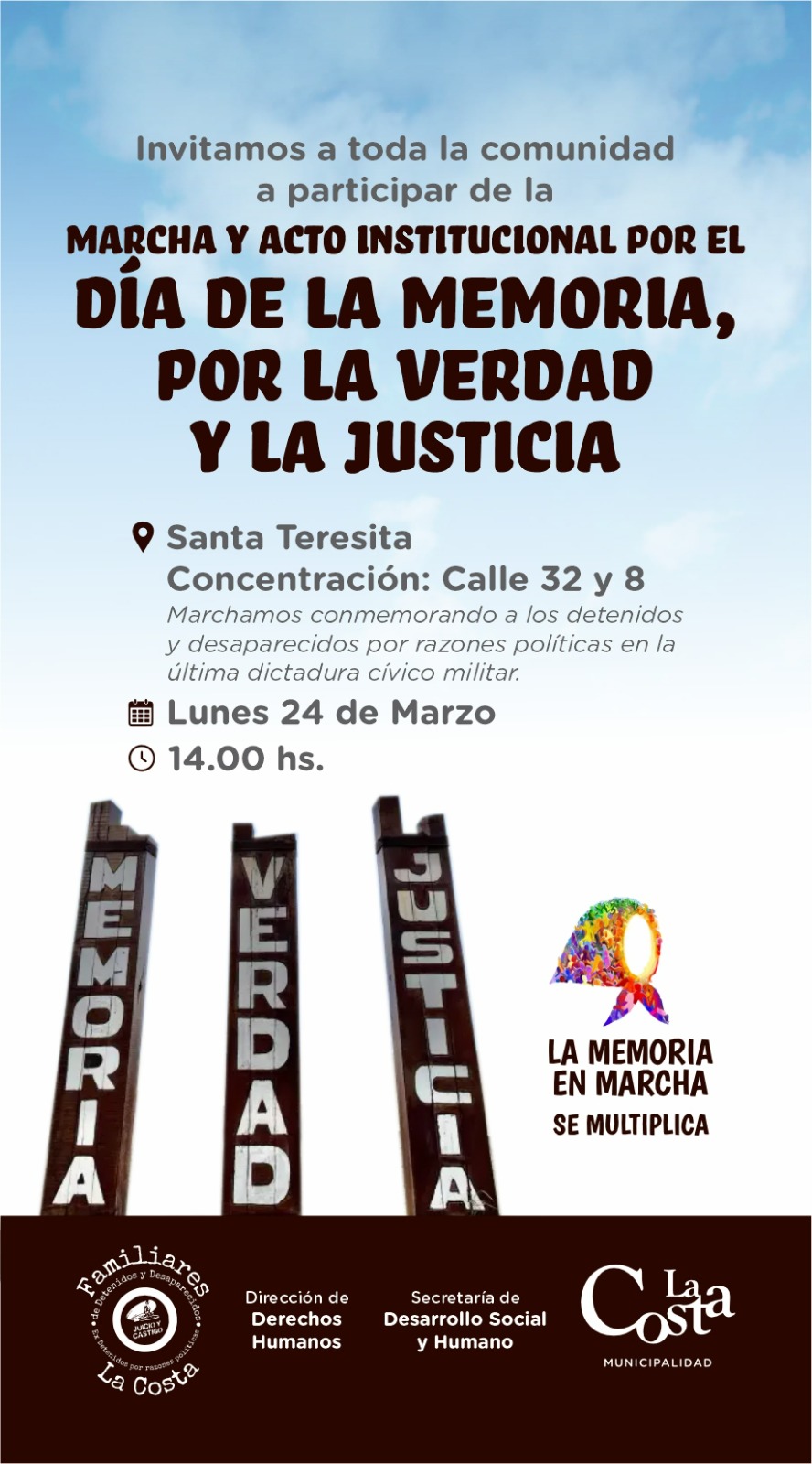 El lunes 24 de marzo se realizará la marcha y acto institucional por el “Día de la Memoria, la Verdad y la Justicia”